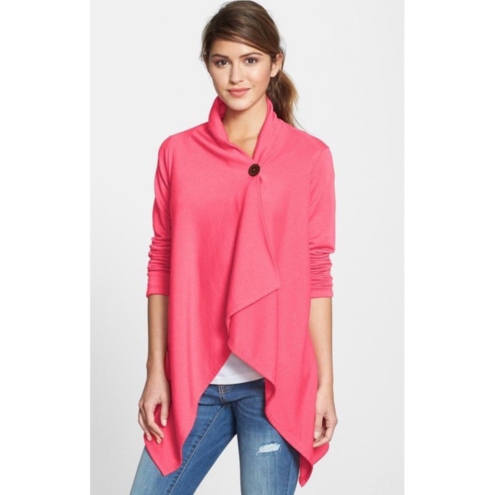 Bobeau Coral Pink One Button Long Sleeve Waterfall Cardigan Poncho Size Small